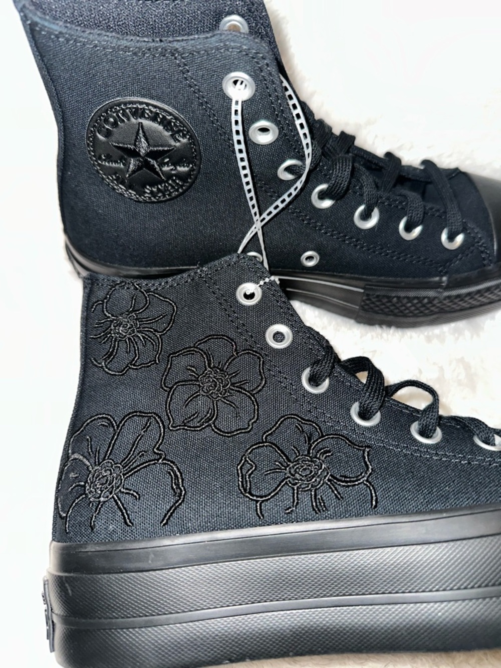Converse Black High Top Platform Sneakers with Floral Stitch No Disc Available